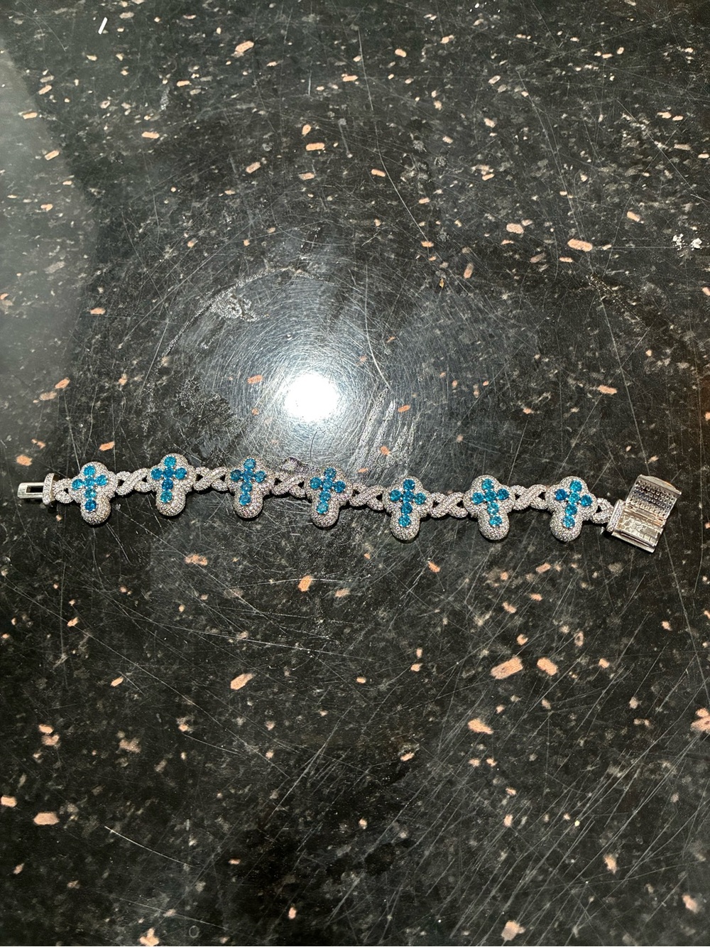 Moissanite Diamonds Silver Bracelet with Aqua Blue Cross Accents